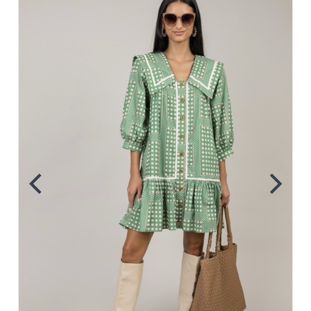 entro Green Dot Print Ruffle Hem Dress